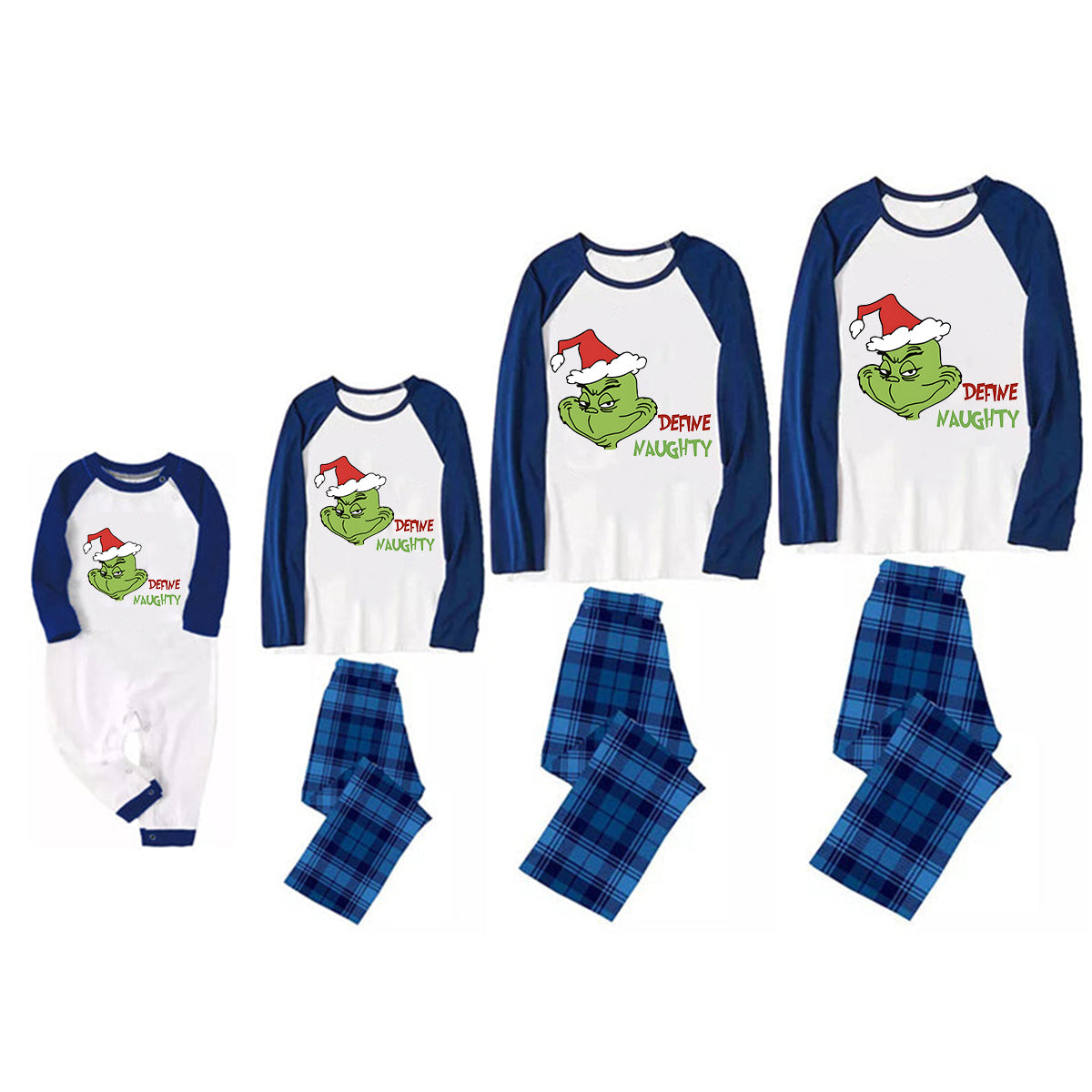 Christmas 'Define Naughty' Letter Print Patterned Casual Long Sleeve Sweatshirts Blue Sleeve Contrast Tops and Blue Plaid Pants Family Matching Pajamas Sets With Dog Bandan