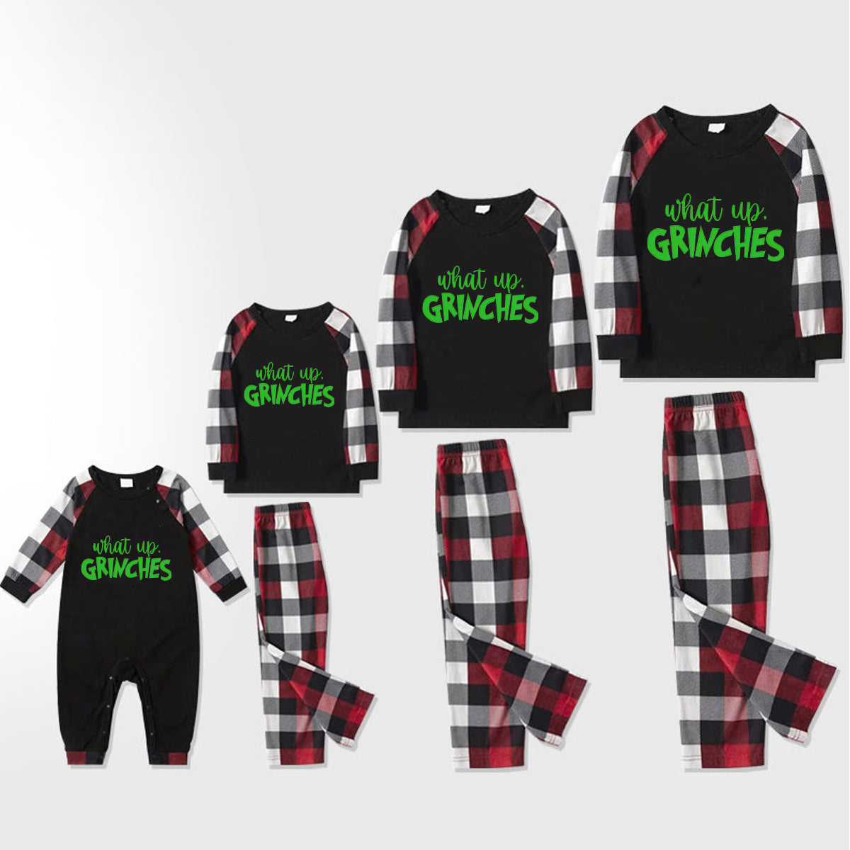 Christmas 'What Up' Letter Print Casual Plaid Sleeve Contrast Tops and Red & Black & White Plaid Pants Family Matching Pajamas Set With Dog Bandana