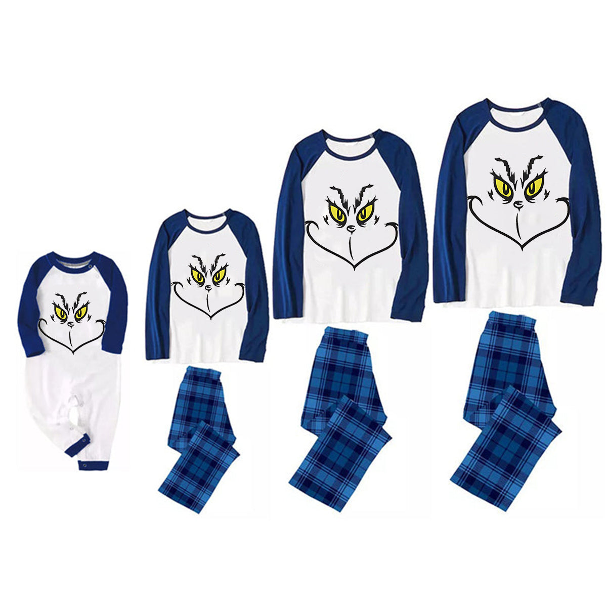 Christmas Cartoon Face Print Blue Contrast Top and Black and Blue Plaid Pants Family Matching Pajamas Sets With Dog Bandana