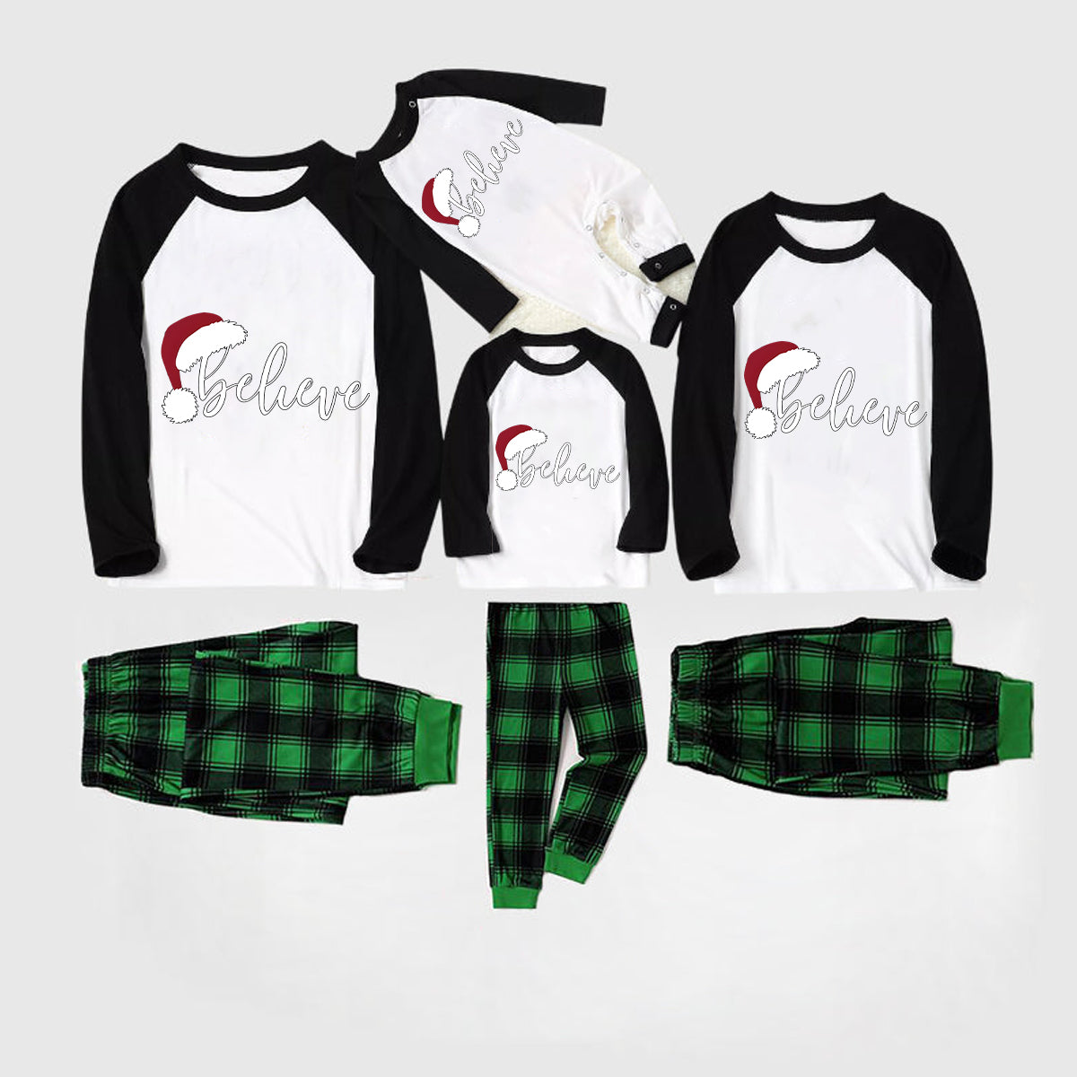 Christmas Hat and ‘Believe“ Letter Print Patterned Black Sleeve Contrast Tops and and Black and Gren Plaid Pants Family Matching Pajamas Sets With Dog Bandana