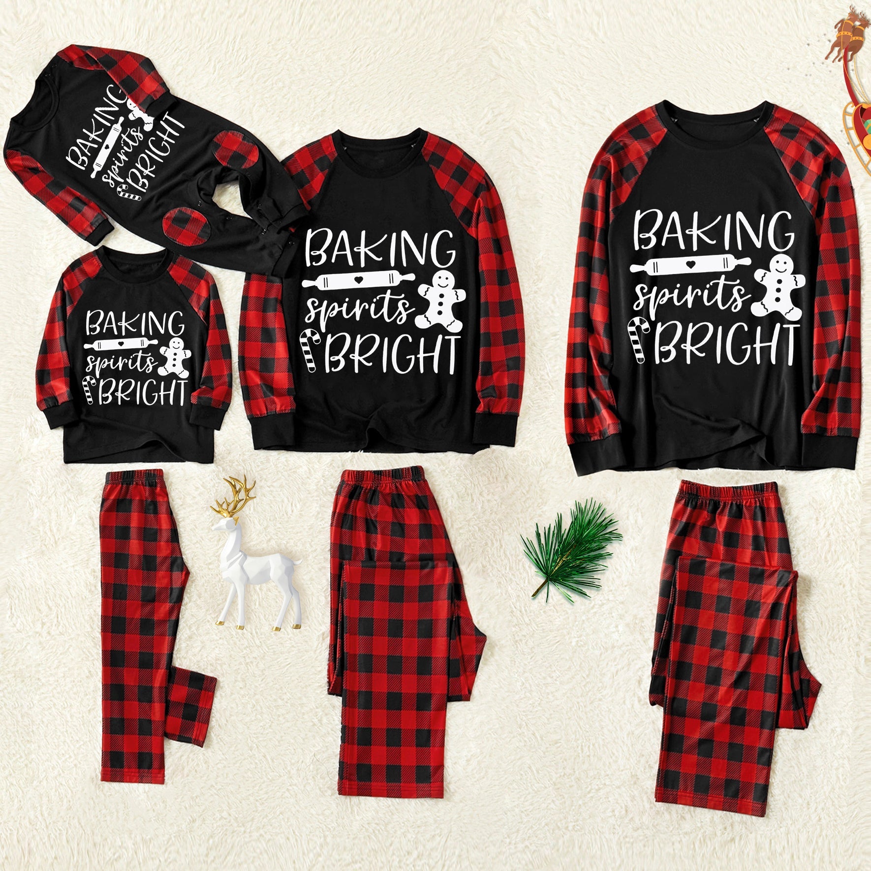Christmas "Baking Spirits Bright" Letter Print Patterned Contrast Black top and Black & Red Plaid Pants Family Matching Pajamas Set With Dog Bandana