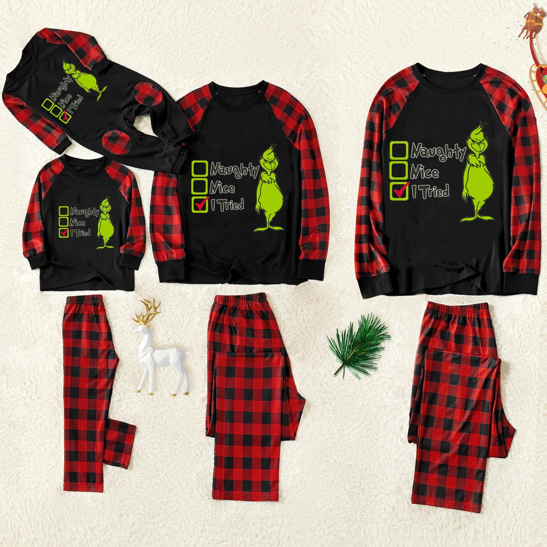 Christmas "Naughty&Nice& I Tried" Letter Print Patterned Casual Long Sleeve Sweatshirts Contrast Black Top and Black & Red Plaid Pants Family Matching Pajamas Set With Pet Bandana