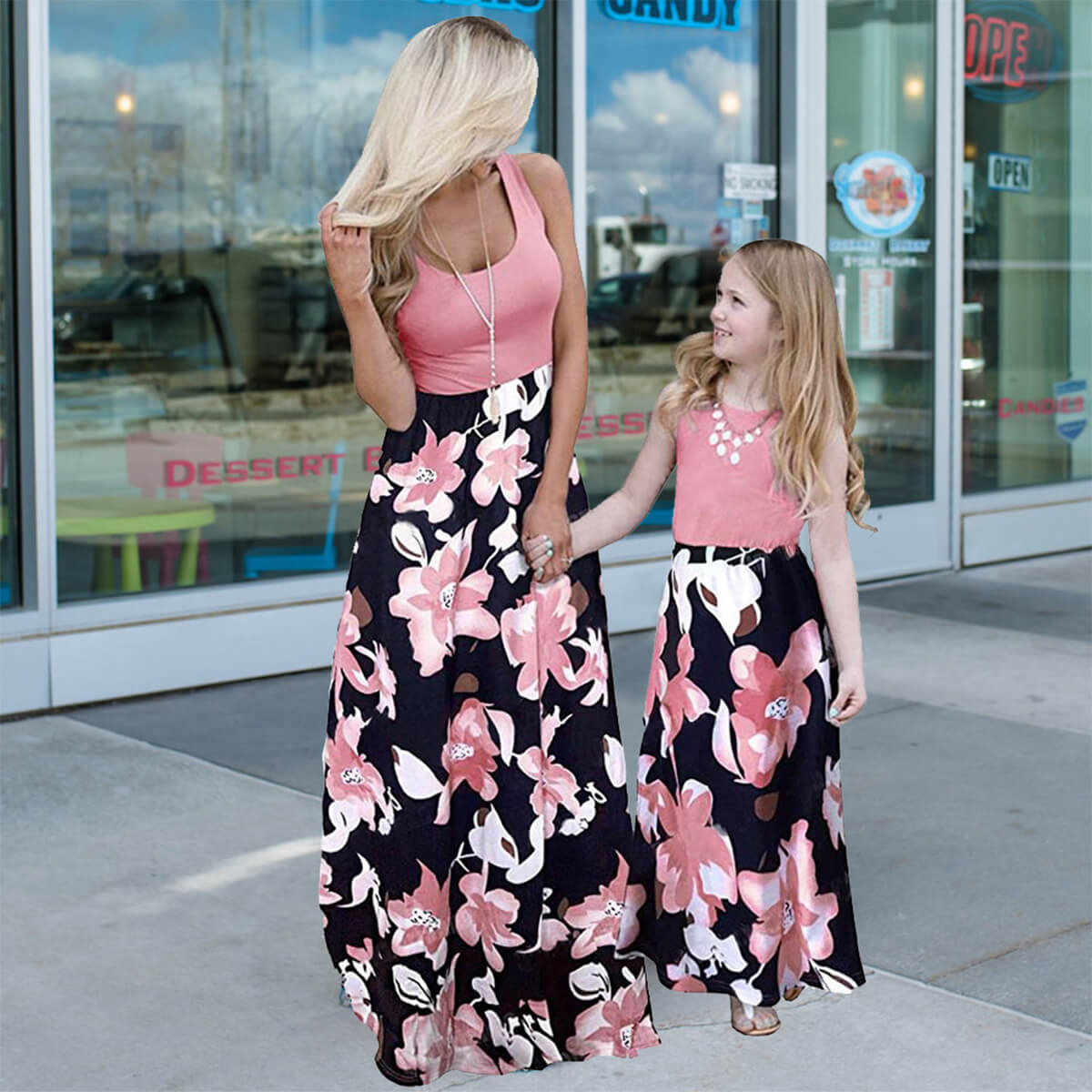 Sleeveless Floral Long Dress  for Mom and Me Q2261