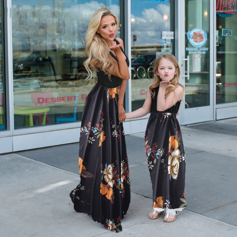 Mom and Daughter Black Floral Print Dress
