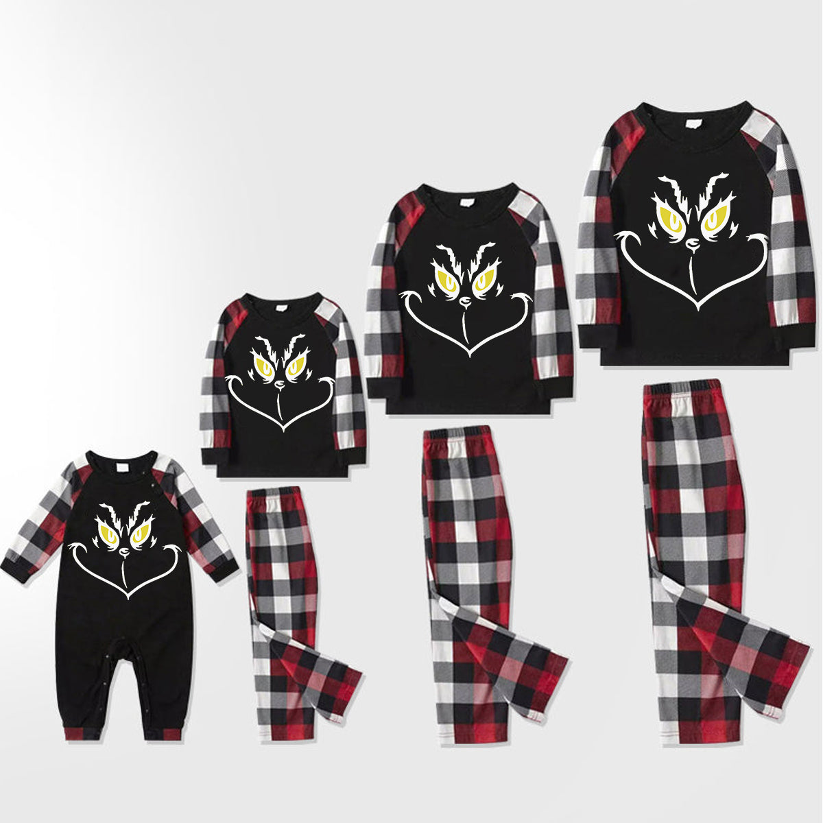 Christmas Cartoon Face Print Contrast Tops and Red & Black & White Plaid Pants Family Matching Pajamas Set With Dog Bandana