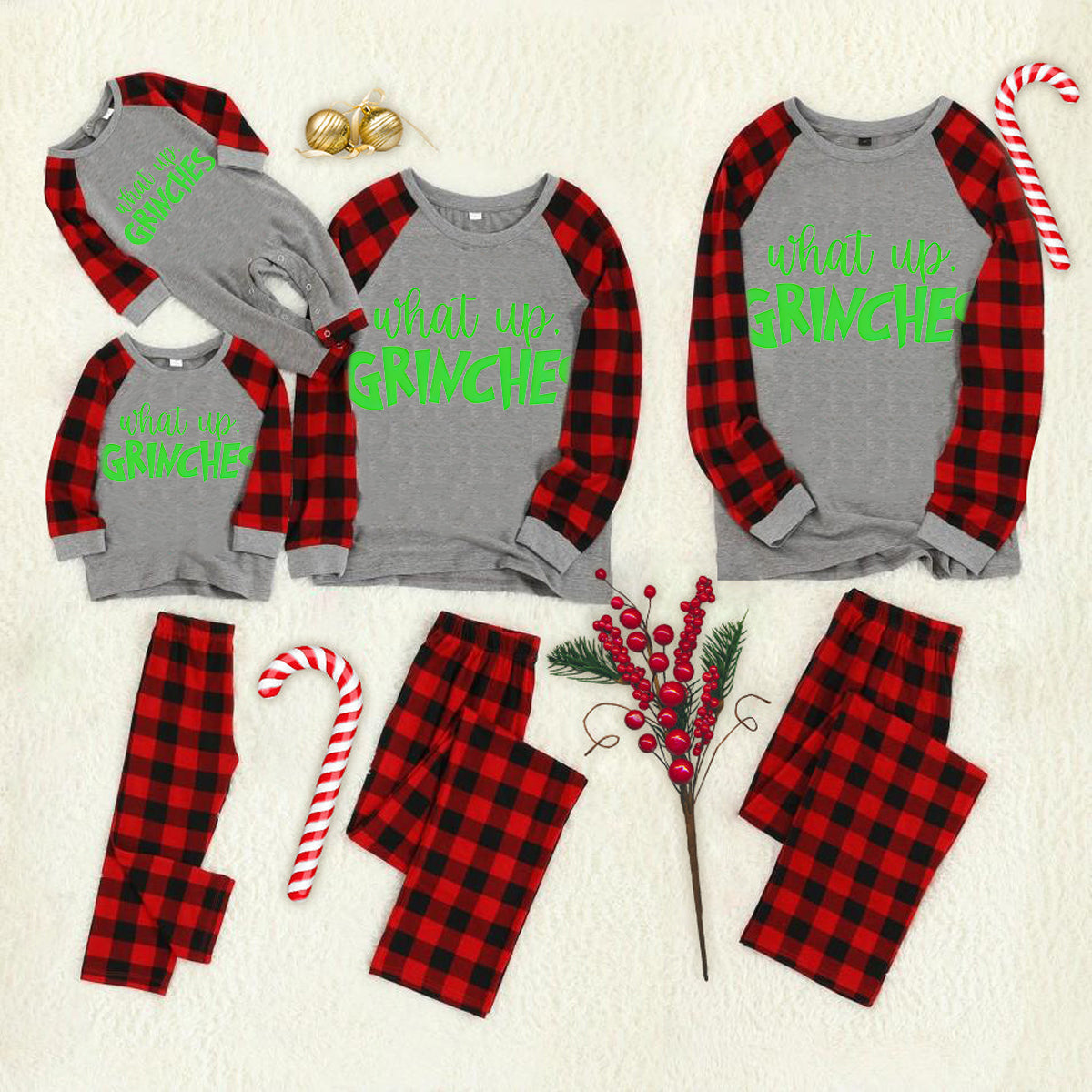 Christmas 'What Up' Letter Print Grey Contrast Top and Black & Red Plaid Pants Family Matching Pajamas Set With Dog Bandana