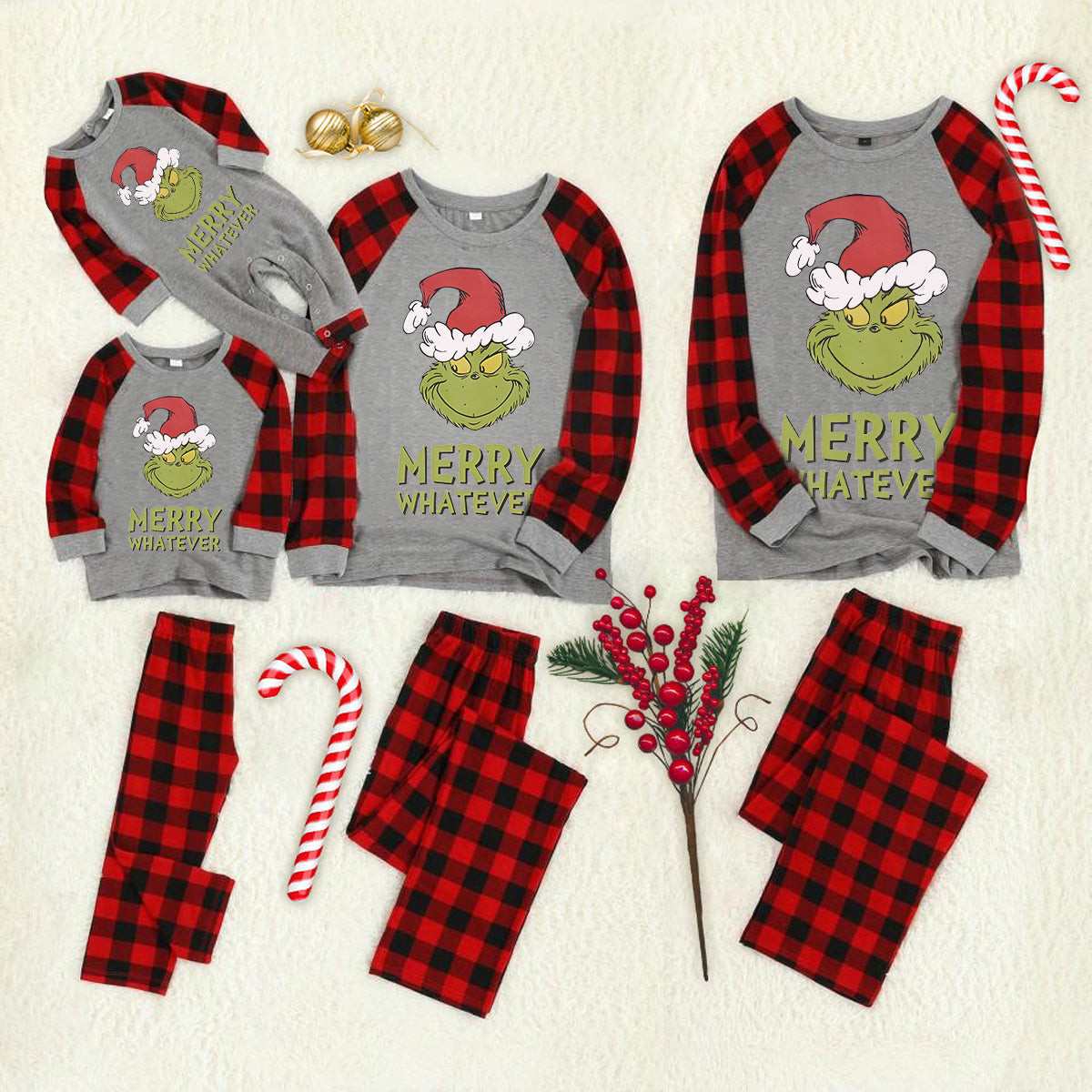 Christmas Cartoon and 'Merry Whatever' Letter Print Grey Contrast top and Black & Red Plaid Pants Family Matching Pajamas Set With Dog Bandana