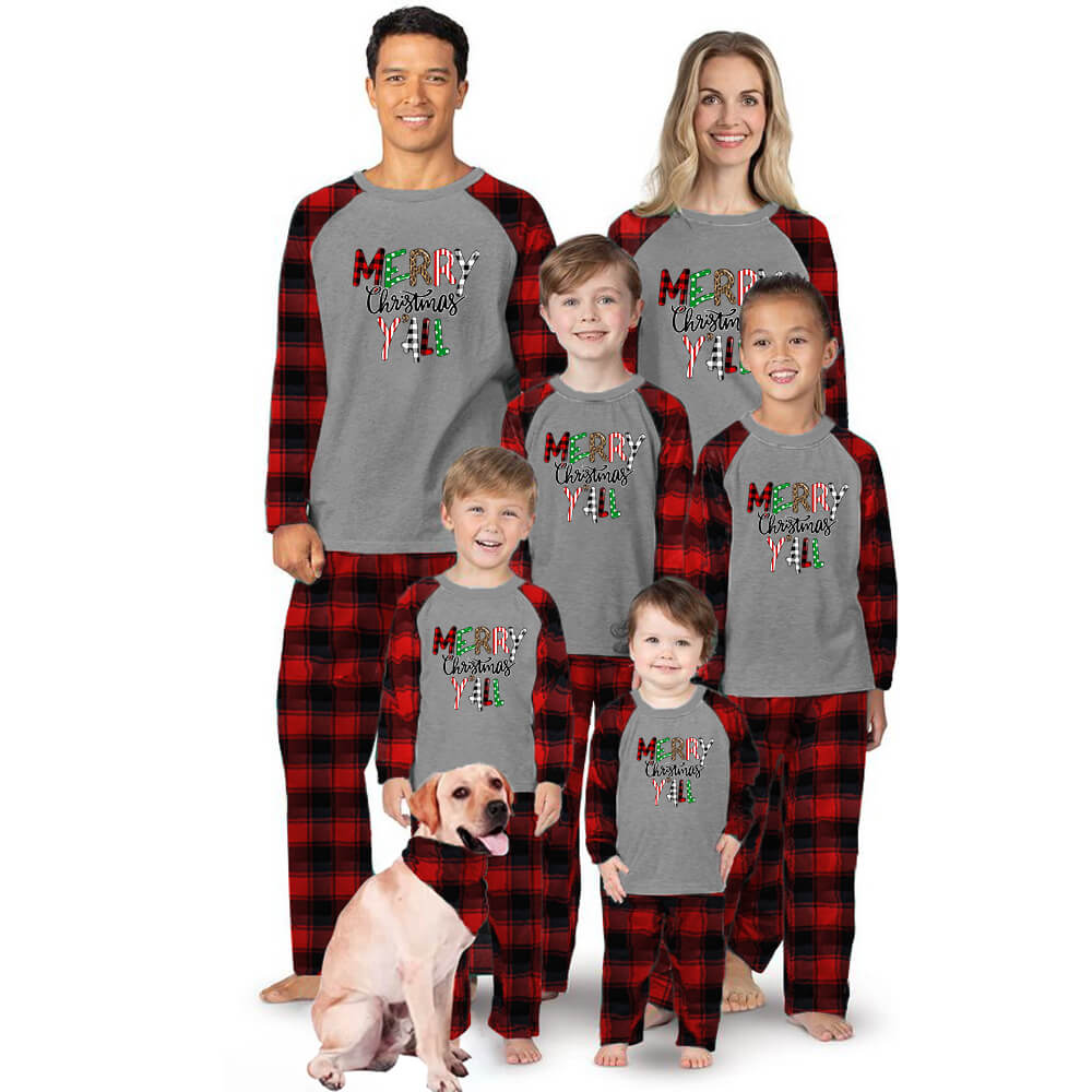 Merry Christmas Y All Black&Red Plaid Family Matching Pajamas With Dog Bandana