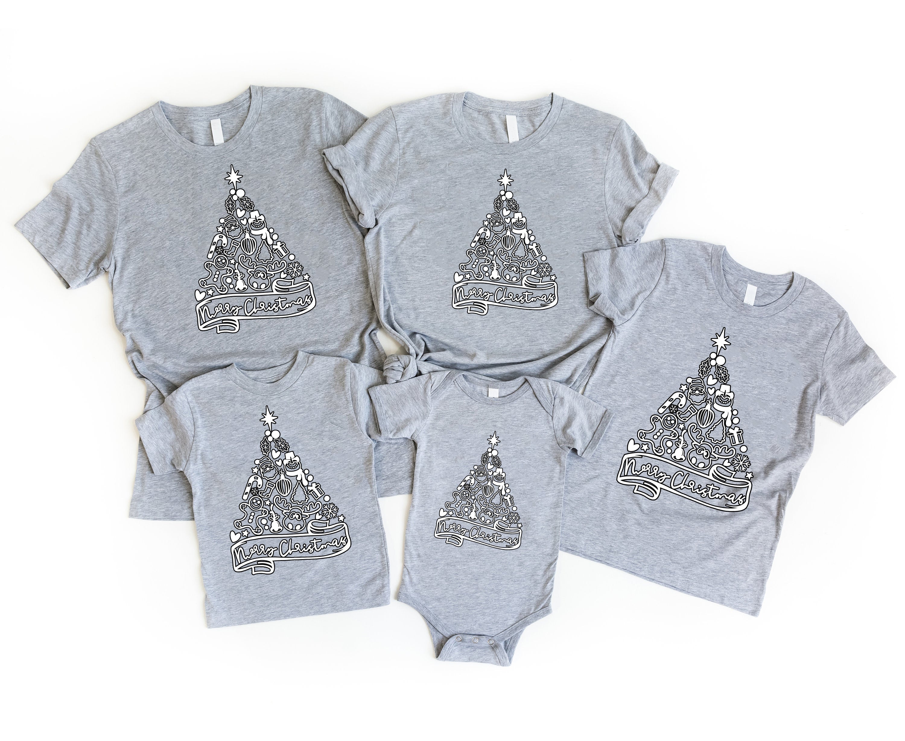 'Merry Chirstmas' And Gift-wrapped Christmas Tree Pattern Family Christmas Matching Pajamas Tops Cute Gray Short Sleeve T-shirts With Dog Bandana