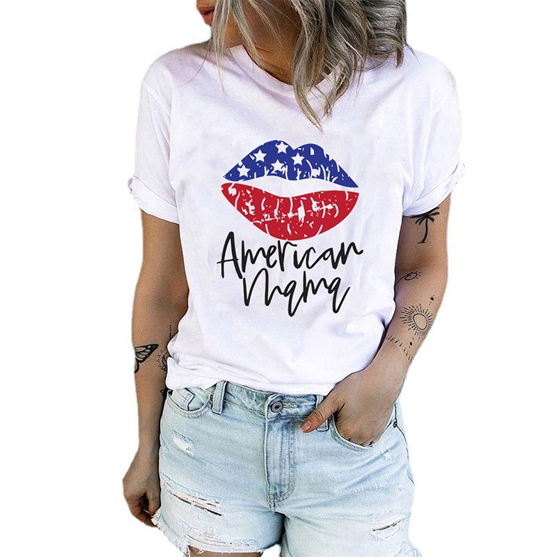 4th of July Women American Flag Lip Wine Glass Letter Print Short Sleeve T-shirt
