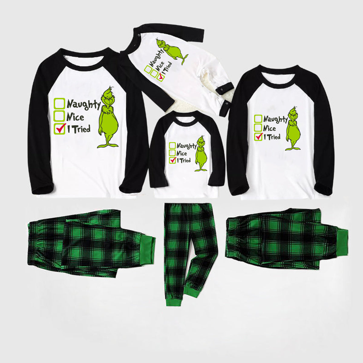 Christmas "Naughty&Nice& I Tried" Letter Print Patterned Casual Long Sleeve Sweatshirts Black Contrast Top and Black and Green Plaid Pants Family Matching Pajamas Sets With Pet Bandana