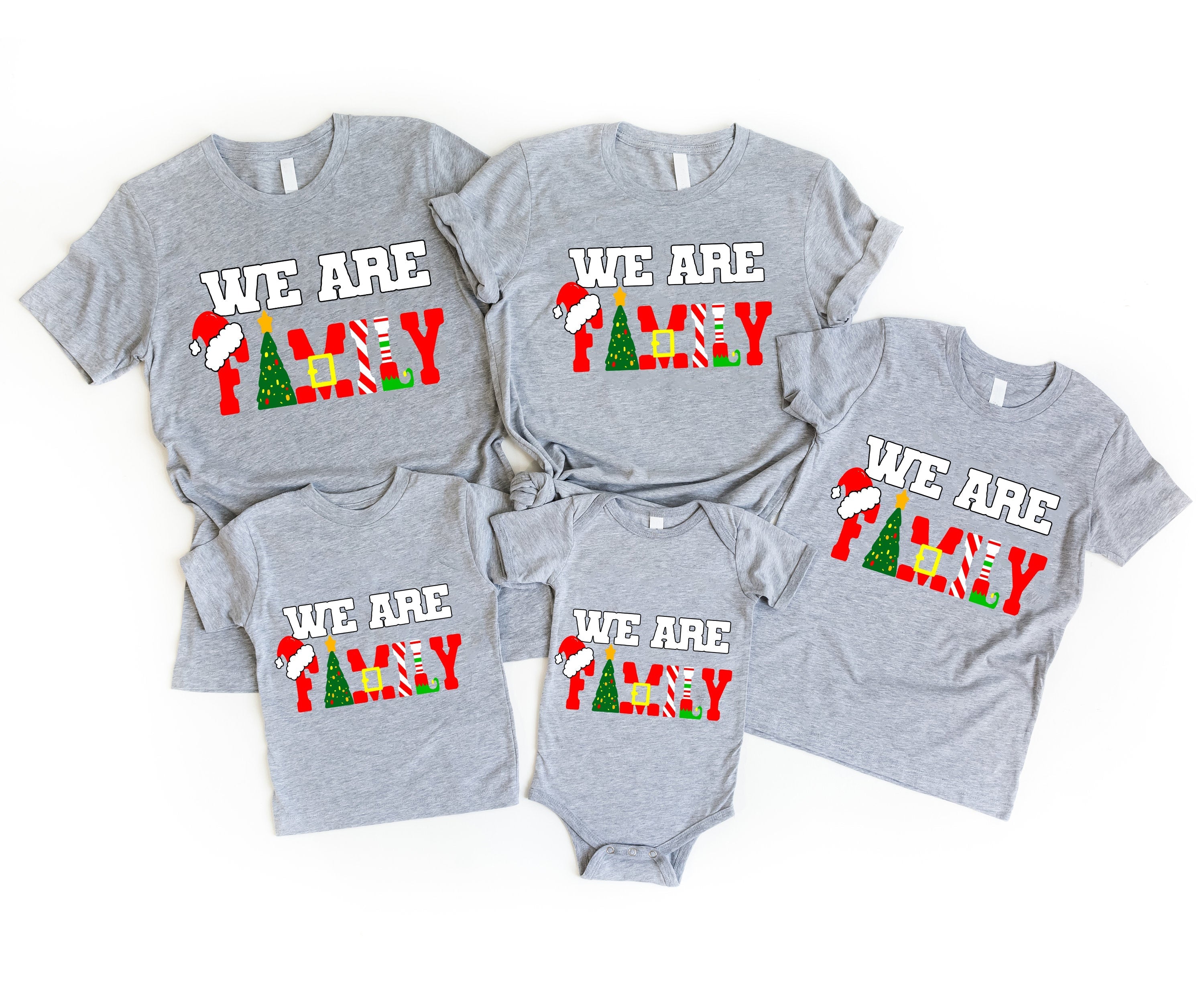 'We Are Family' Colorful Letter Pattern Family Christmas Matching Pajamas Tops Cute Gray Short Sleeve T-shirts With Dog Bandana