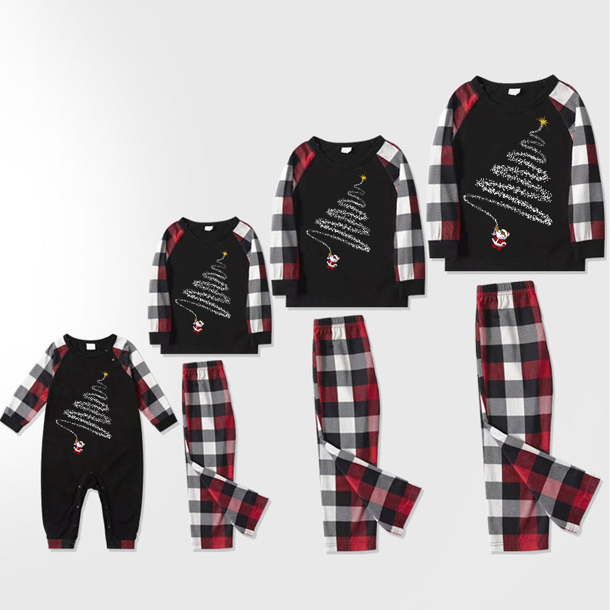 Christmas Tree & "Making Memories Together" Patterned Plaid Sleeve Contrast Tops and Red & Black & White Plaid Pants Family Matching Pajamas Set With Dog Bandana