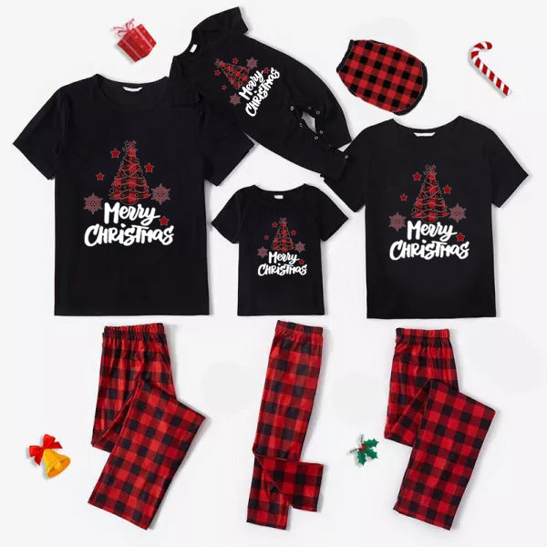 Short Sleeve Merry Christmas Letter Grey Top with Black and Red Plaid Pants Family Matching Pajamas Set