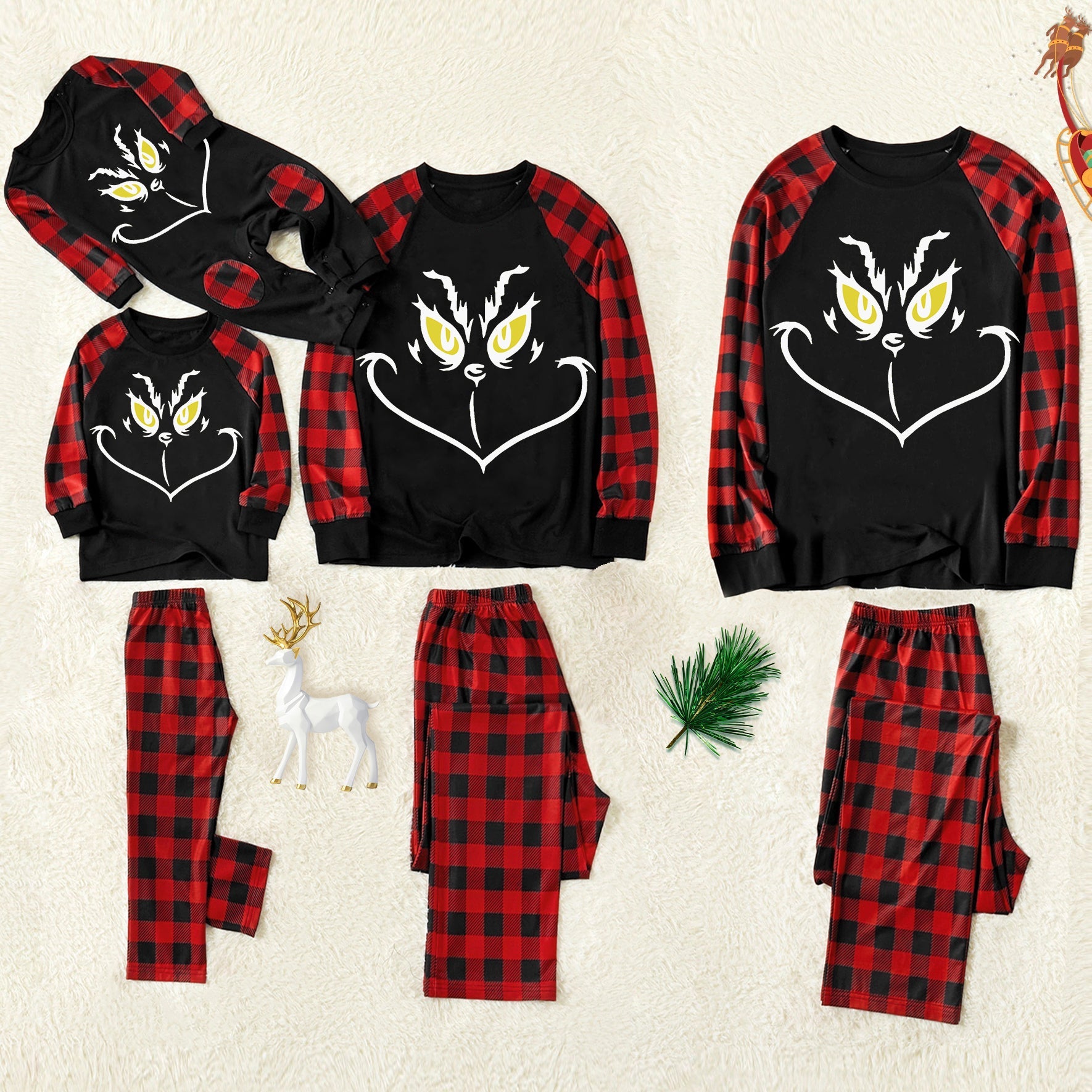 Christmas Cartoon Face Print Contrast Black Top and Black & Red Plaid Pants Family Matching Pajamas Set With Dog Bandana