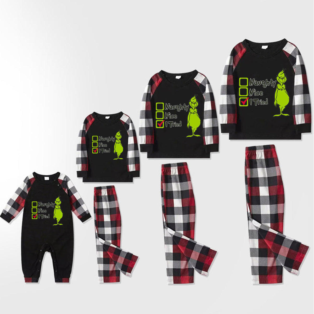 Christmas "Naughty&Nice& I Tried" Letter Print Patterned Casual Long Sleeve Sweatshirts Contrast Tops and Red & Black & White Plaid Pants Family Matching Pajamas Set With Pet Bandana