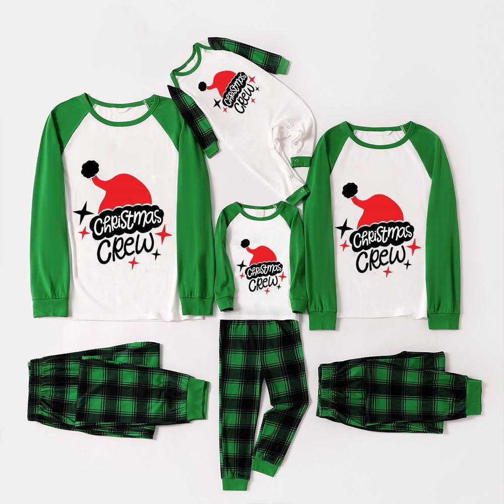 Family Look Pajamas "Christmas crew" letter print, Christmas pajamas, patchwork tops and green plaid pants - slickdapper
