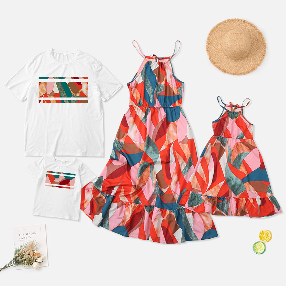 Family Matching Outfit Patchwork V-Neck Cami Dress & T-Shirt