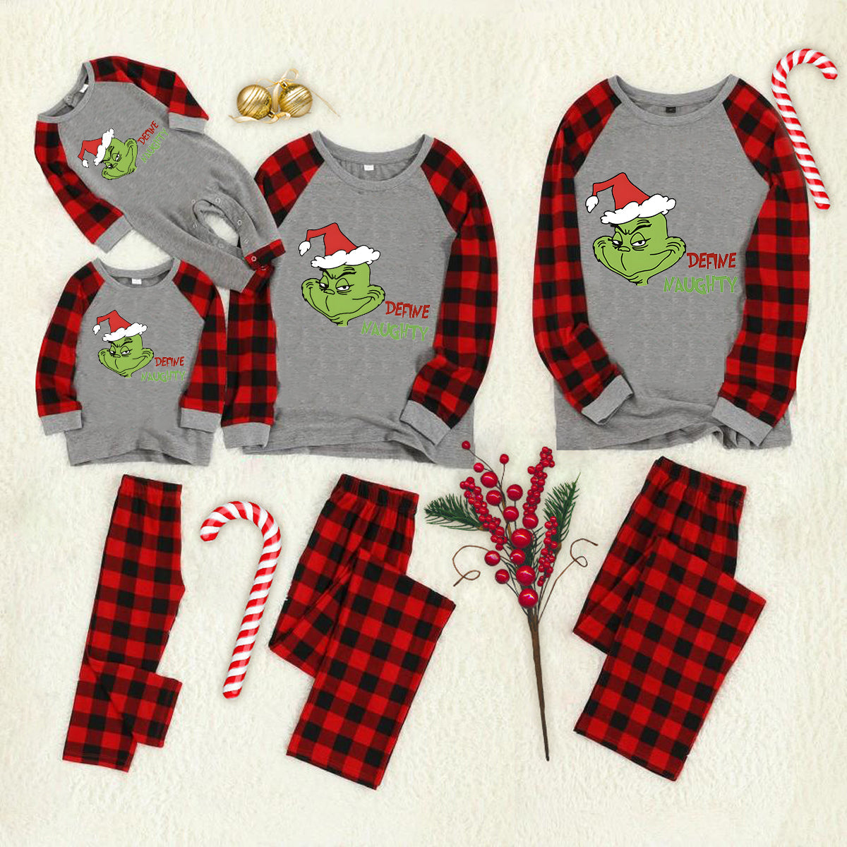 Christmas 'Define Naughty' Letter Print Patterned Casual Long Sleeve Sweatshirts Grey Contrast Top and Black & Red Plaid Pants Family Matching Pajamas Set With Dog Bandana