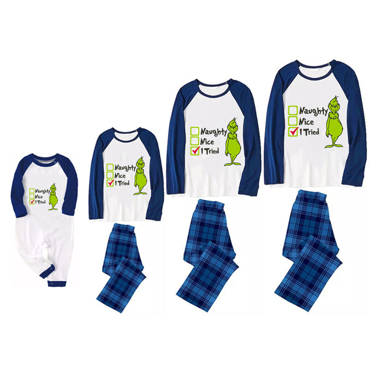 Christmas "Naughty&Nice& I Tried" Letter Print Patterned Casual Long Sleeve Sweatshirts Blue Sleeve Contrast Tops and Blue Plaid Pants Family Matching Pajamas Sets With Pet Bandan