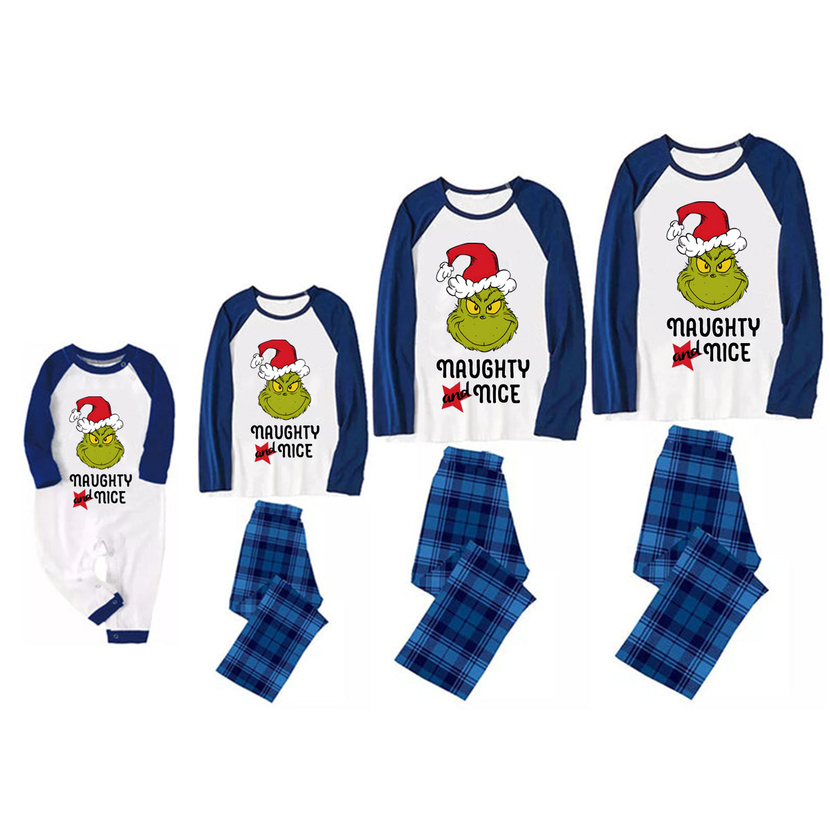 Christmas "Naughty&Nice" Letter Print Patterned Casual Long Sleeve Sweatshirts Blue Sleeve Contrast Tops and Blue Plaid Pants Family Matching Pajamas Sets With Pet Bandan