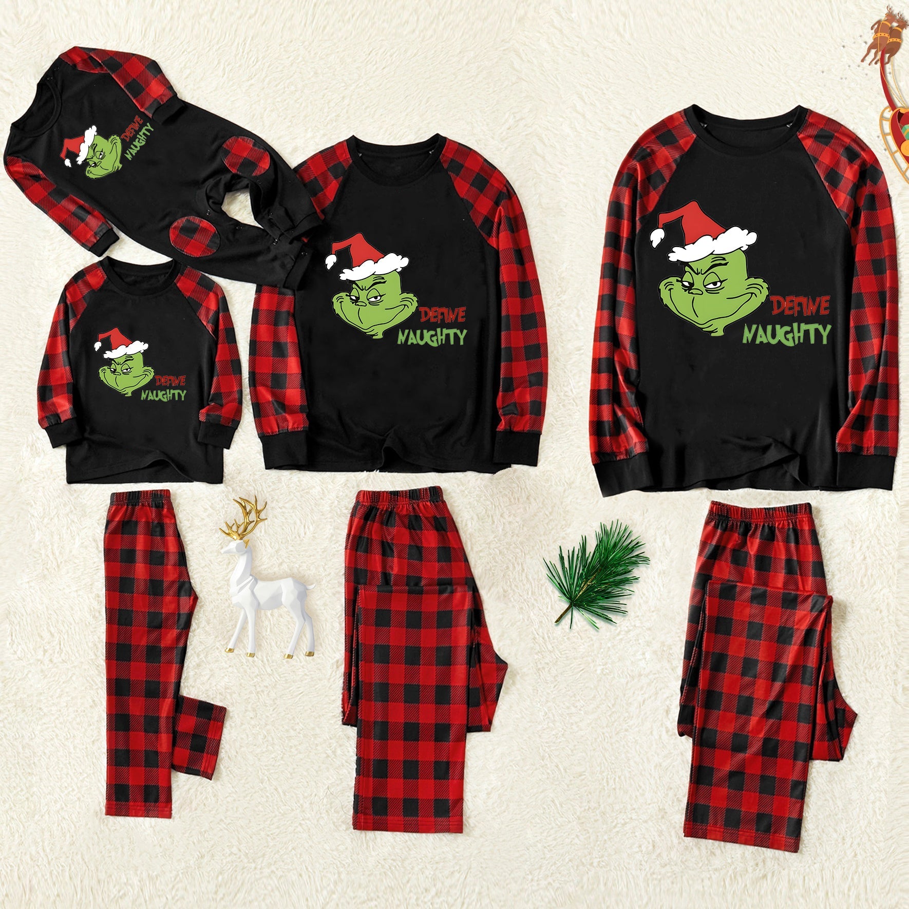 Christmas 'Define Naughty' Letter Print Patterned Casual Long Sleeve Sweatshirts Contrast Black Top and Black & Red Plaid Pants Family Matching Pajamas Set With Dog Bandana