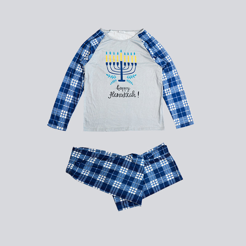Hanukkah Candle Print Blue Plaid Pajamas Set
