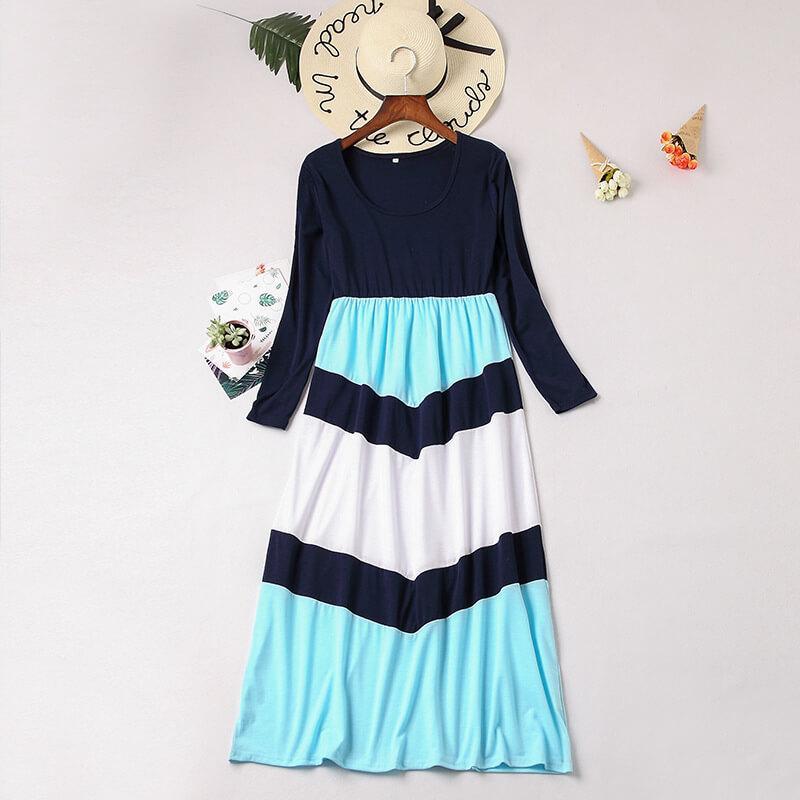 Drak Blue Color Block Stitching Striped Matching Dresses (3549542580308)