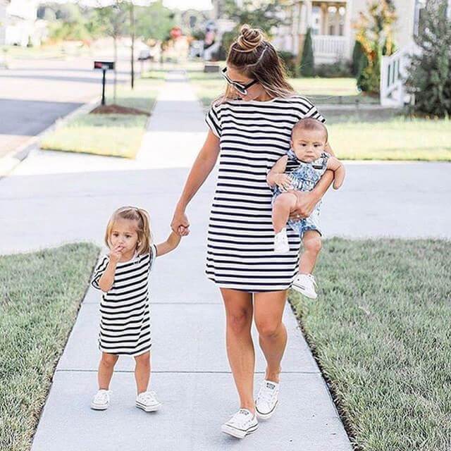 Short Sleeve Striped Beach Dress For Mom And Girls (3580396535892)
