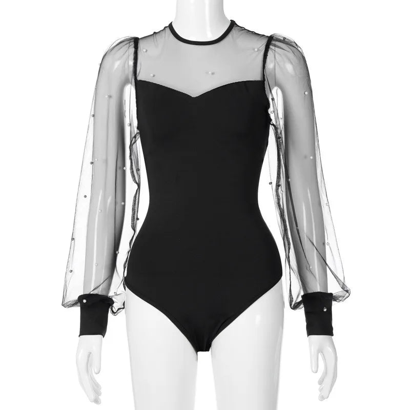 2021 Spring Sesy Mesh Patchwork Bodysuits Women Rompers Fashion See Through Skinny Lantern Sleeve Jumpsuits Female Elegant Tops