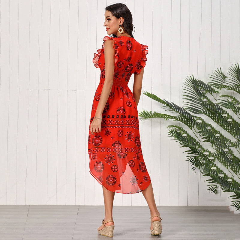 Women's Casual Slim Sleeveless Ruffled Patchwork Printed Irregular Dress