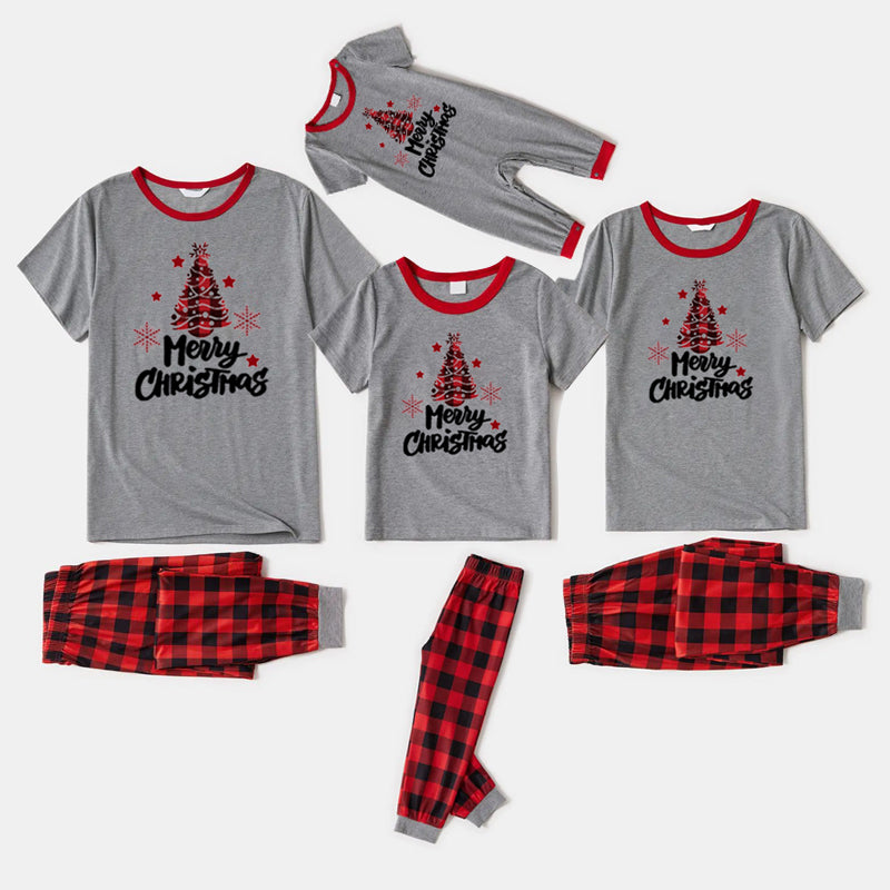 Short Sleeve Christmas Family Matching Pajamas Sets Christmas Tree Print Grey Top and Plaid Pants