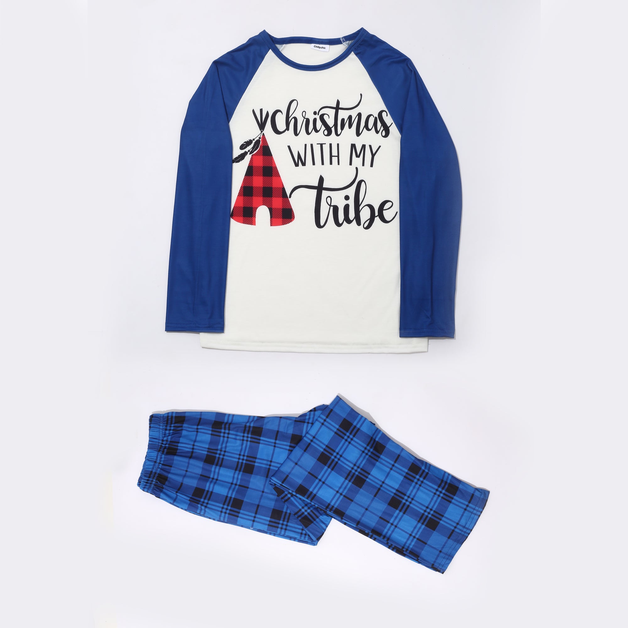 Christmas Tent Print Blue Plaid Pajamas Set