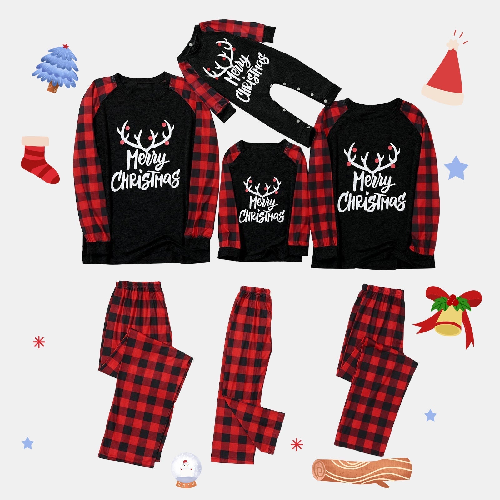 Merry Christmas Antler Contrast top and Plaid Pants Family Matching Pajamas Set