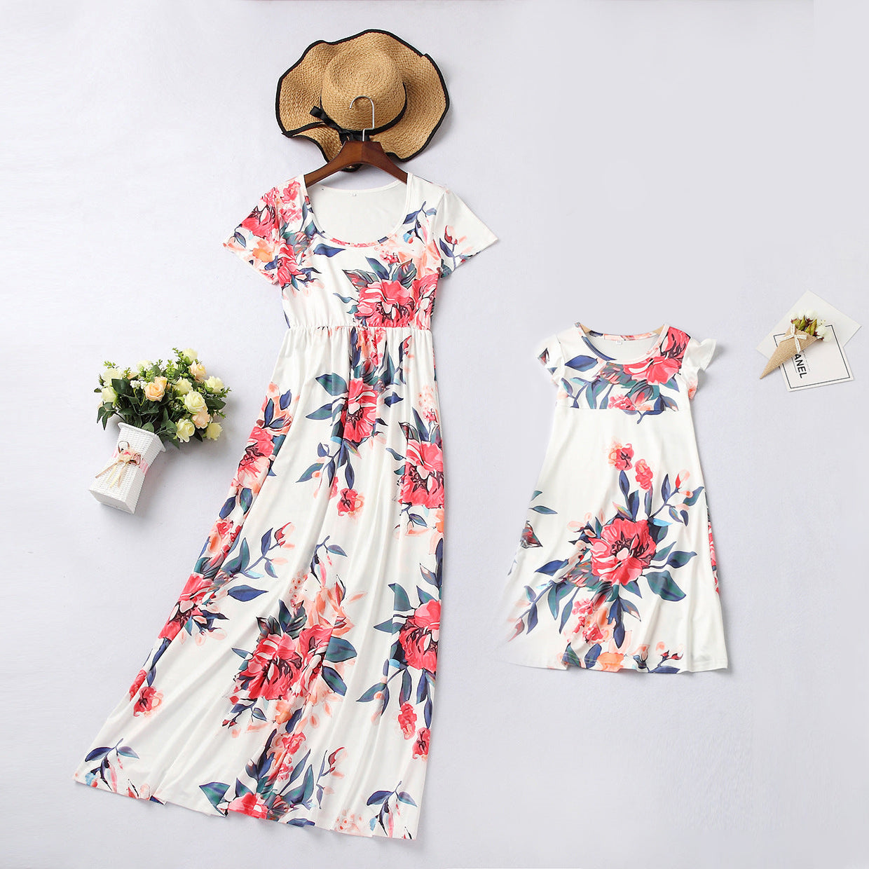 Floral Pattern Prints Sleeveless Matching Dress