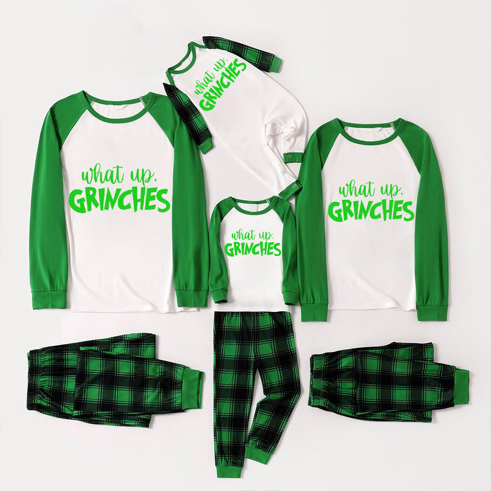 Christmas Cute Cartoon Face and 'What Up' Letter Print Casual Long Sleeve Sweatshirts Green Contrast Tops and Black and Gren Plaid Pants  Family Matching Raglan Long-sleeve Pajamas Sets