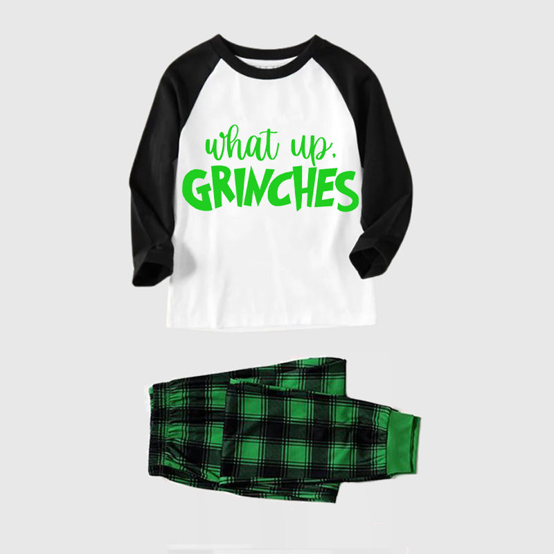 Christmas Cute Cartoon Face and 'What Up' Letter Print Casual Long Sleeve Sweatshirts Black Contrast Top and Black and Green Plaid Pants Family Matching Pajamas Sets