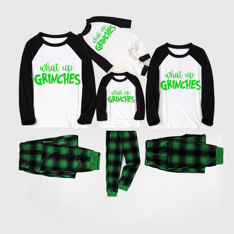 Christmas Cute Cartoon Face and 'What Up' Letter Print Casual Long Sleeve Sweatshirts Black Contrast Top and Black and Green Plaid Pants Family Matching Pajamas Sets