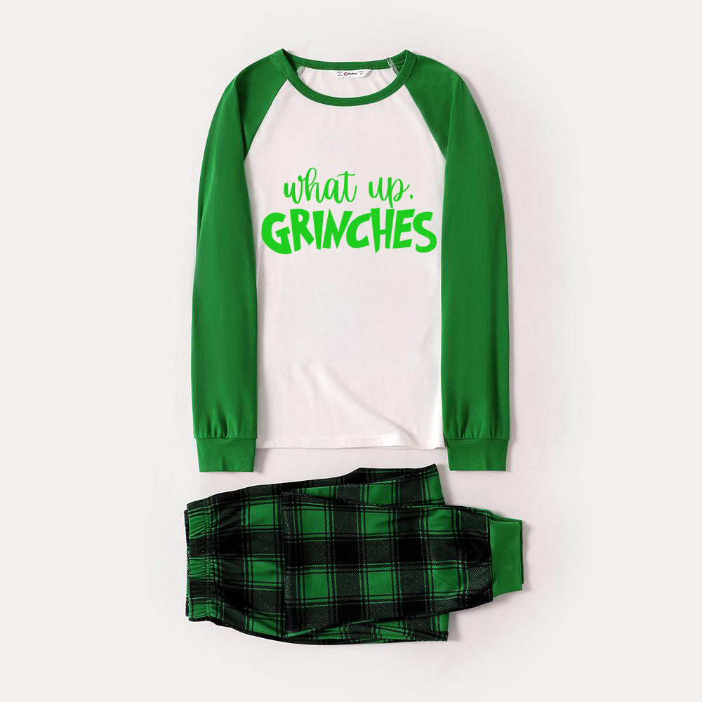 Christmas Cute Cartoon Face and 'What Up' Letter Print Casual Long Sleeve Sweatshirts Green Contrast Tops and Black and Green Plaid Pants  Family Matching Raglan Long-sleeve Pajamas Sets