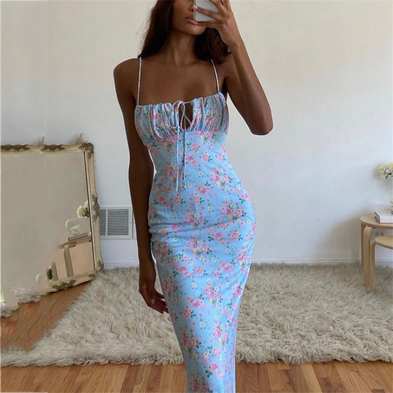 Women Sexy Floral Wrinkled Backless Lace-Up Maxi Dress SUM2573A