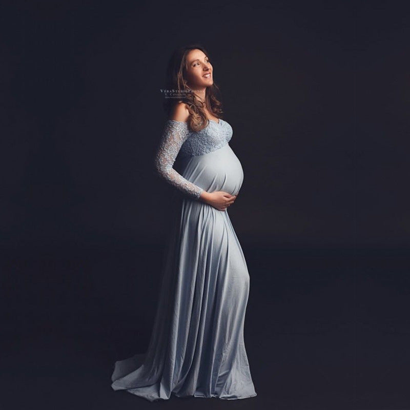Maternity V-neck Long-sleeves Lace Top Full-length Dress for Photoshoot
