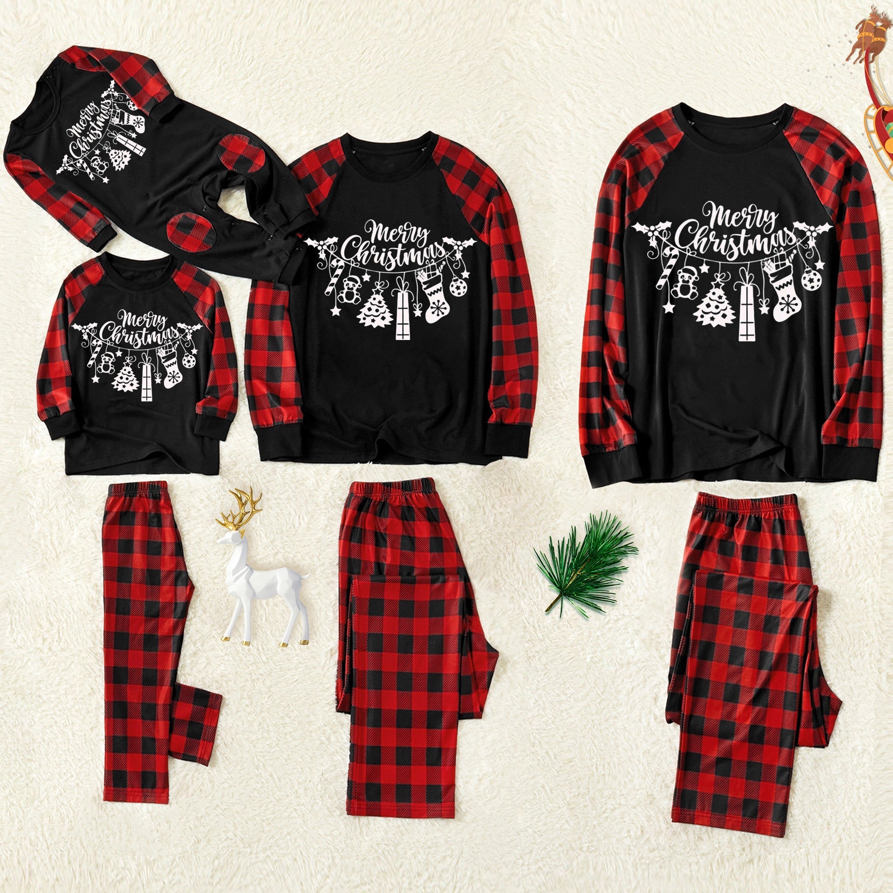 Christmas Gift Patterned and 'Merry Christmas' Letter Print Patterned Contrast Black top and Black & Red Plaid Pants Family Matching Pajamas Set