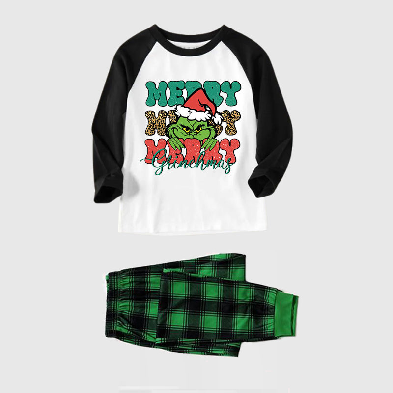 Christmas Cute Cartoon Face and 'Merry Merry Merry' Letter Print Casual Long Sleeve Sweatshirts Black Contrast Top and Black and Gren Plaid Pants Family Matching Pajamas Sets