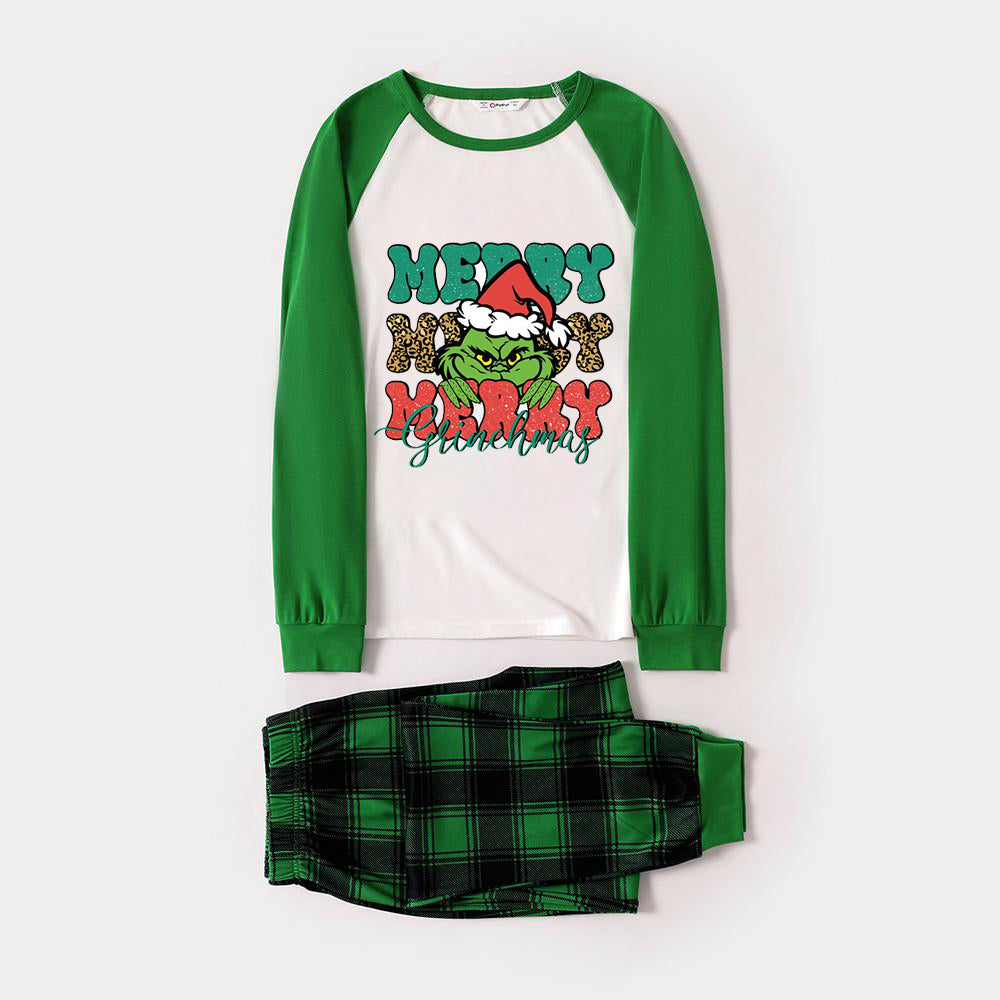 Christmas Cute Cartoon Face and 'Merry Merry Merry' Letter Print Casual Long Sleeve Sweatshirts Green Contrast Tops and Black and Gren Plaid Pants  Family Matching Raglan Long-sleeve Pajamas Sets