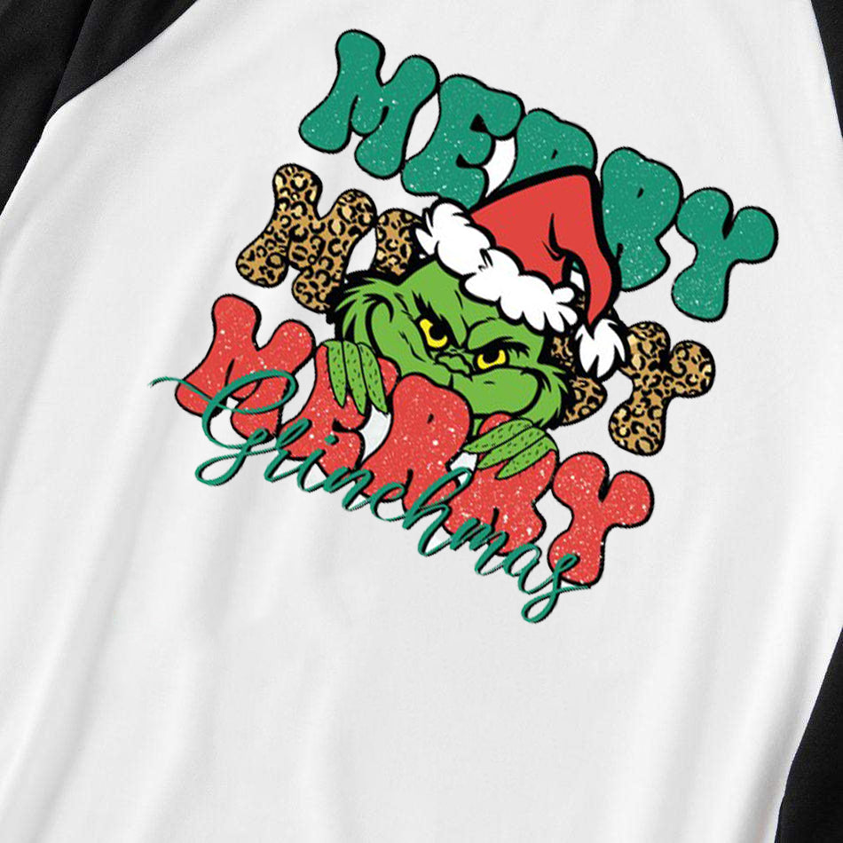 Christmas Cute Cartoon Face and 'Merry Merry Merry' Letter Print Casual Long Sleeve Sweatshirts Black Contrast Top and Black and Green Plaid Pants Family Matching Pajamas Sets