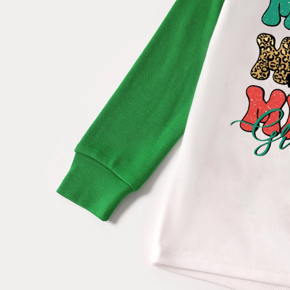 Christmas Cute Cartoon Face and 'Merry Merry Merry' Letter Print Casual Long Sleeve Sweatshirts Green Contrast Tops and Black and Gren Plaid Pants  Family Matching Raglan Long-sleeve Pajamas Sets