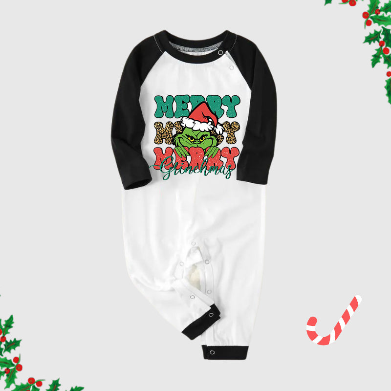 Christmas Cute Cartoon Face and 'Merry Merry Merry' Letter Print Casual Long Sleeve Sweatshirts Black Contrast Top and Black and Green Plaid Pants Family Matching Pajamas Sets