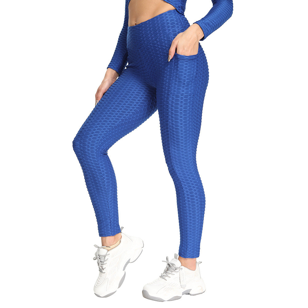 Women Slim Hip Lifting Jacquard Bubble Sports Leggings Yoga Pants With Pockets 9718