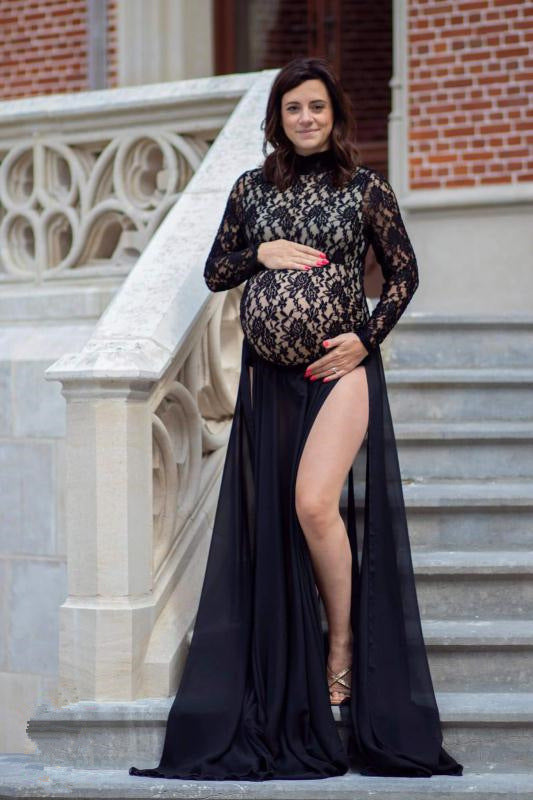 Maternity High-neck Long-sleeves Lace jumpsuit with  Full-length Chiffon skirt for Photoshoot