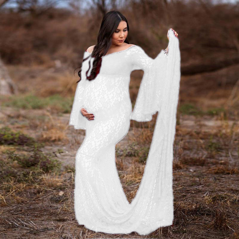 Maternity Trumpet Sleeves Bodycon Fishtail Lace Long Dress for Photoshoot